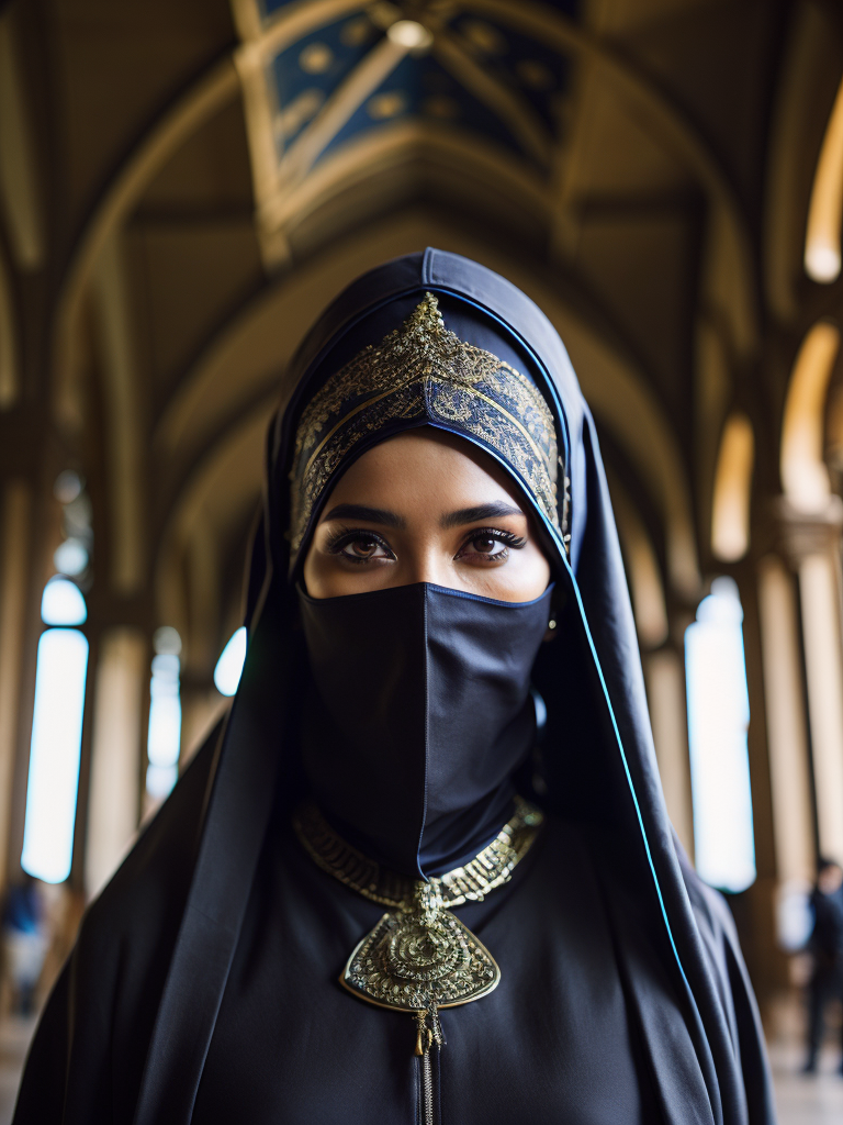 hyper-realistic, ultra-detailed photograph of indonesia white woman with arabic niqab fashion black cloak and some crows flying behind, Dark Renaissance ottoman mosque background, photo realistic, golden jewelry, dark, sunlight fractal details, depth of field, HOF, hall of fame, detailed gorgeous face, apocalyptic environment, natural body posture, professional photographer, captured with professional DSLR camera, trending on Artstation, 64k, ultra-detailed, ultra-accurate detailed, bokeh lighting, surrealism