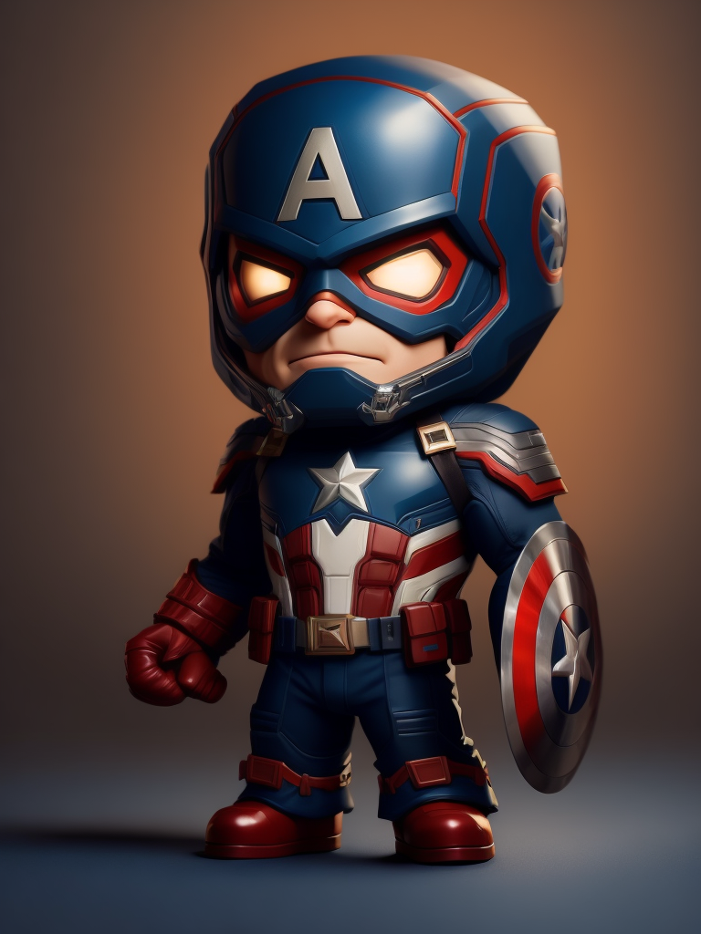 Hyperrealistic Captain America in Chibi Art style. Cute, Isometric view, 4k, Colourful, Cinematic, zoomed out, full body shot, big head, Neutral Neon Background.