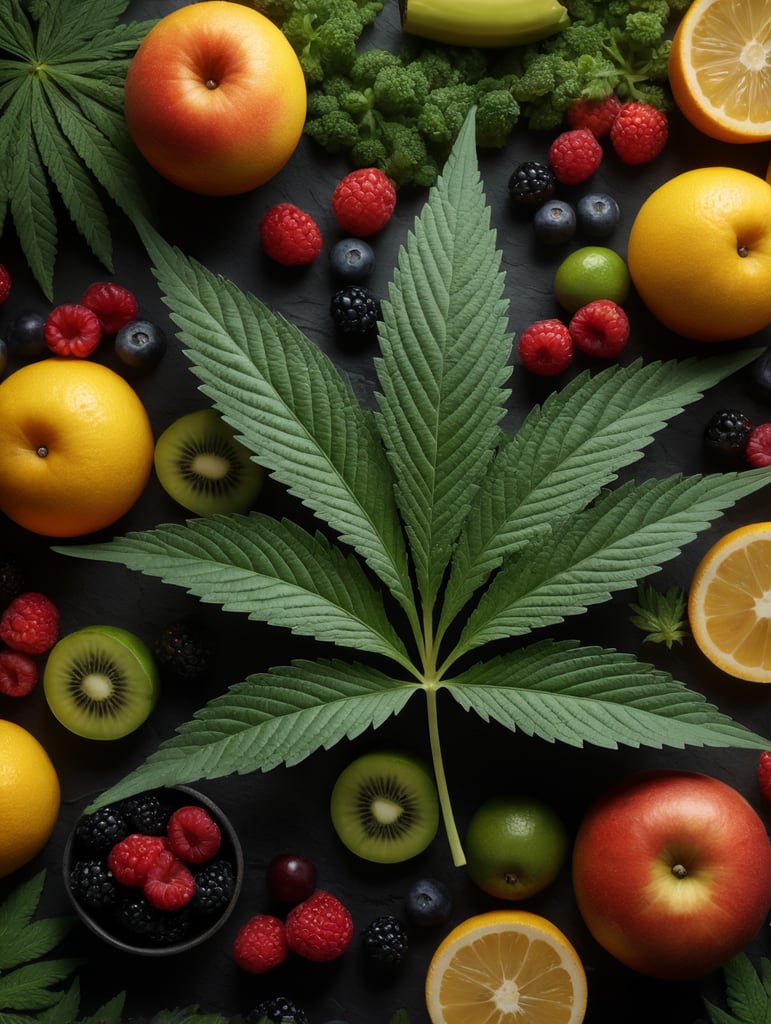 Photorealistic cannabis leaf with 7 leaves surrounded by exotic fruit, berries, and vegetables