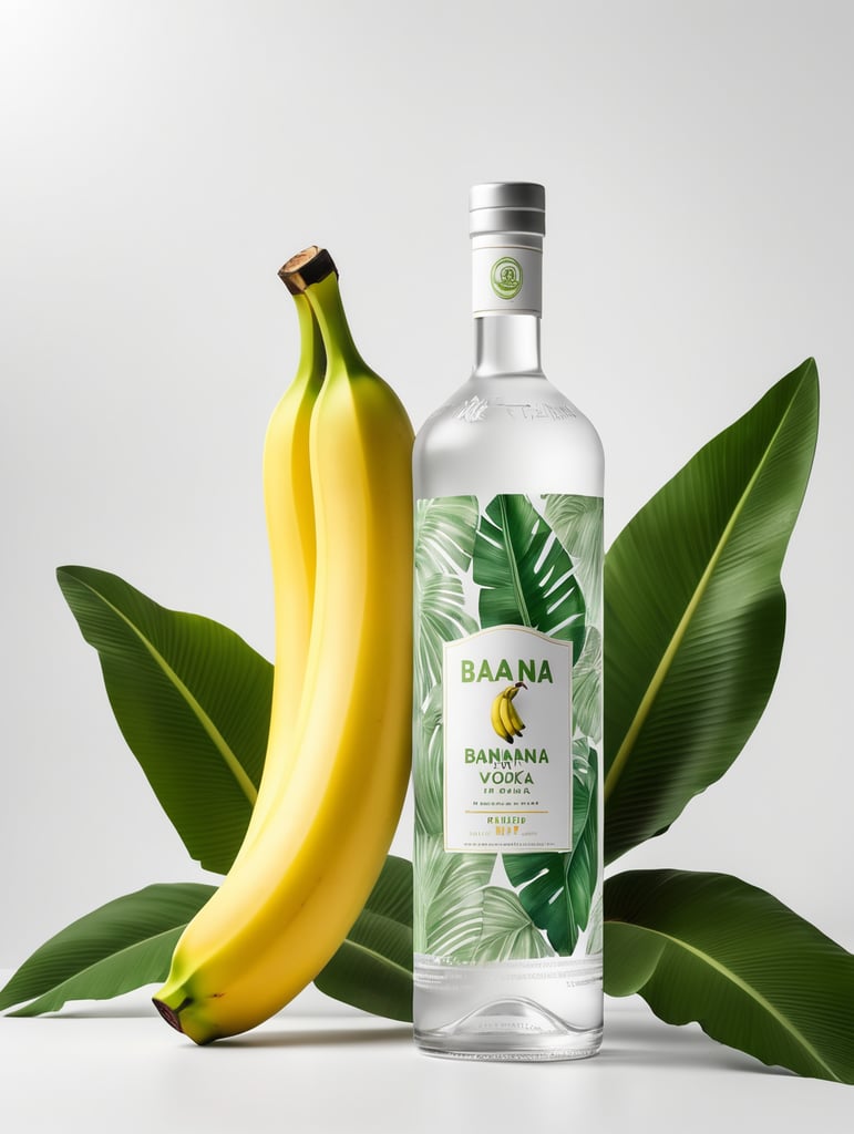 Packaging and branding for a banana vodka brand as if it had been designed by HI ESTUDIO with In a set design with banana, and banana leaves.