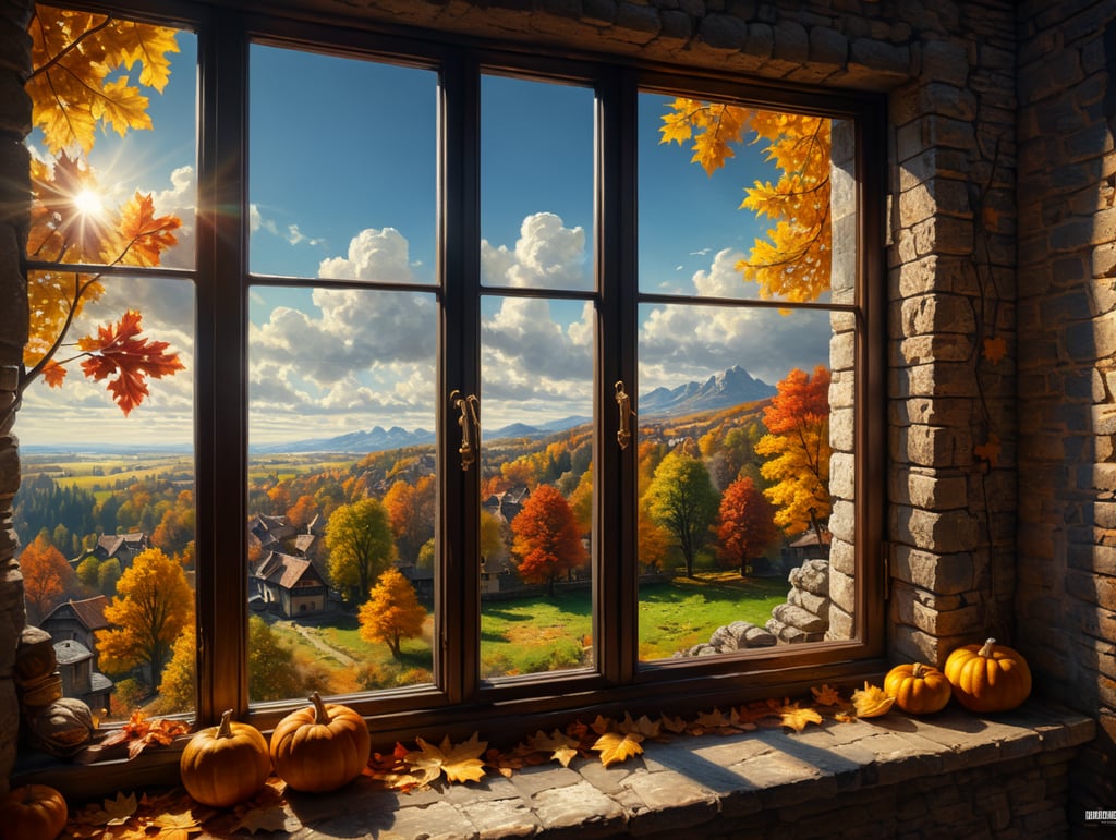 a view of calm warm sunny autumn day that seen throught an open window