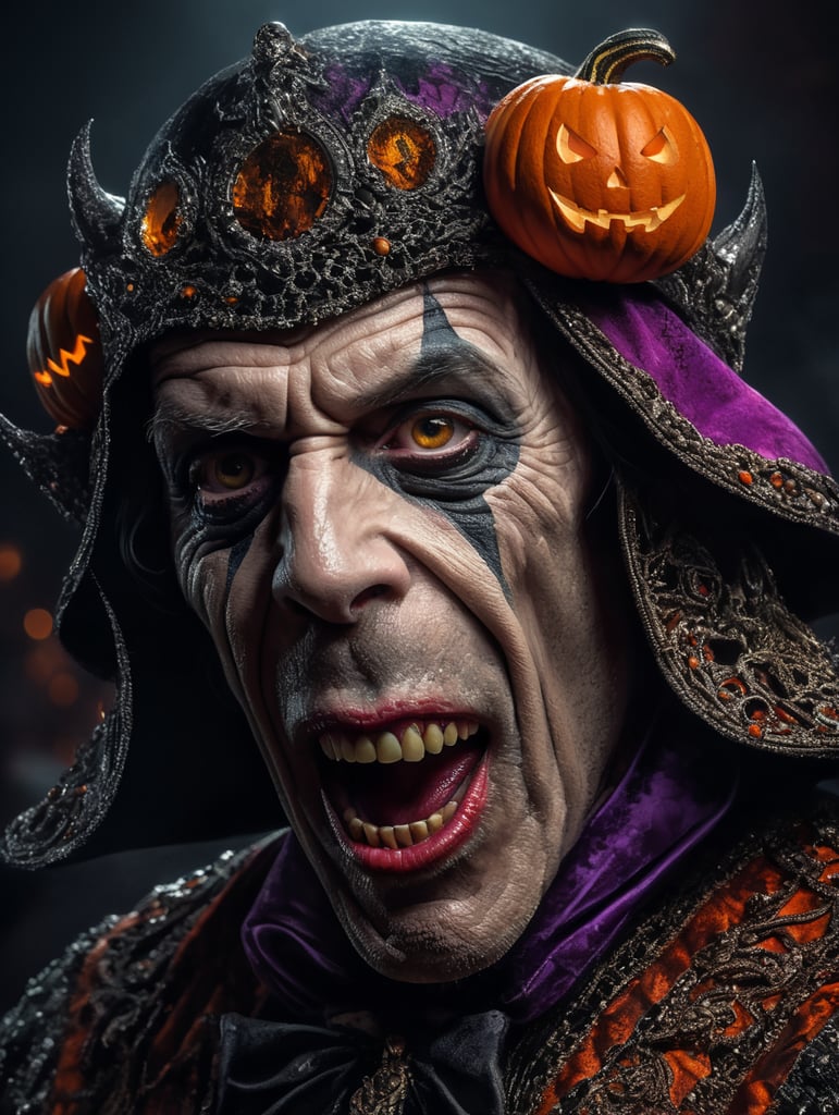 Mick Jagger as a creepy evil character wearing spooky Halloween costume, Vivid saturated colors, Contrast color