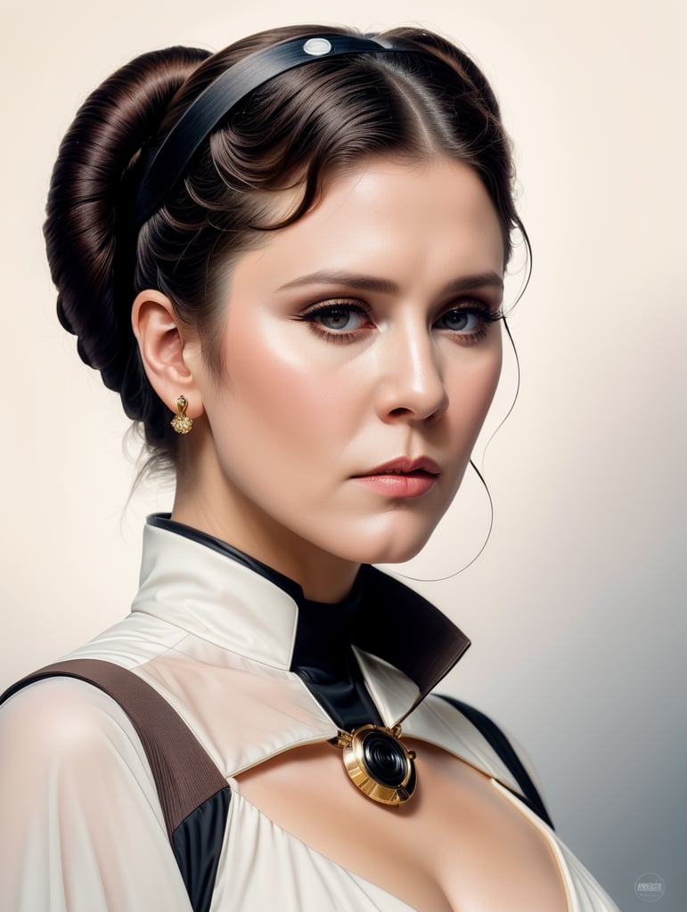 Illustration. Manga. Patrick Nagel. High Contrast. Flowing line. Shadow. Youthful Carrie Fisher as Princess Leia. Star Wars. Surreal minimalism. Pin up.