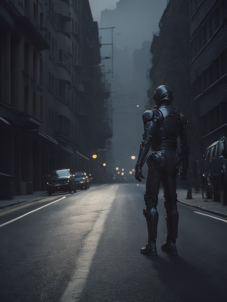 Darkish environment, a road dividing two things, at left there is future and innovation., at right there are robots ruling the humans . a black shadow man is standing at the start of the road
