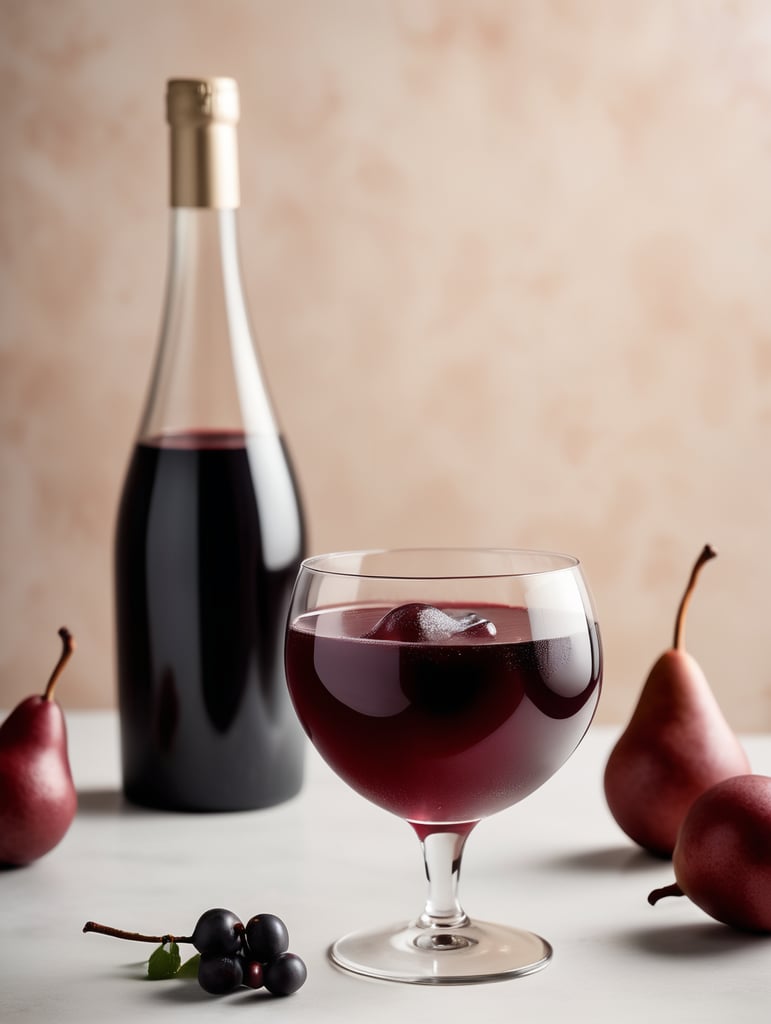 Red Wine Poached Pear with Cream, blurred background