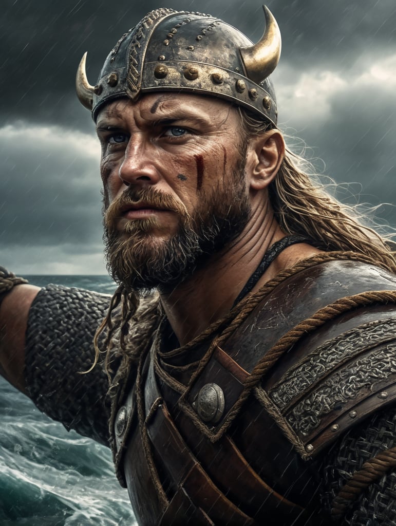 A portrait of viking warrior at the boat in the ocean, stormy weather