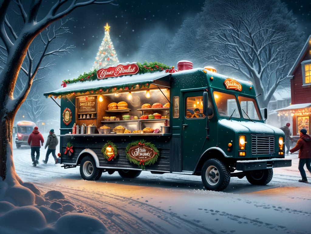 A food truck in Christmas card illustration style plowing through snow