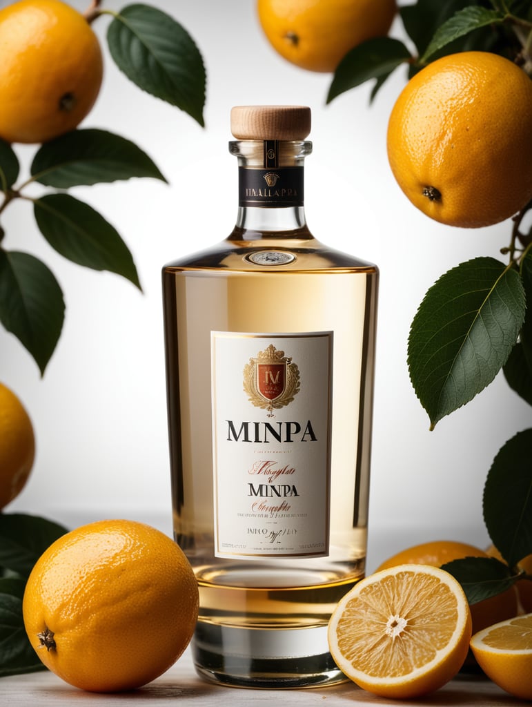 Packaging and branding for a Italian grappa under the brand Mino. The design should be classic yet with a modern touch. Bottle should be placed at a table with traditional italian food.