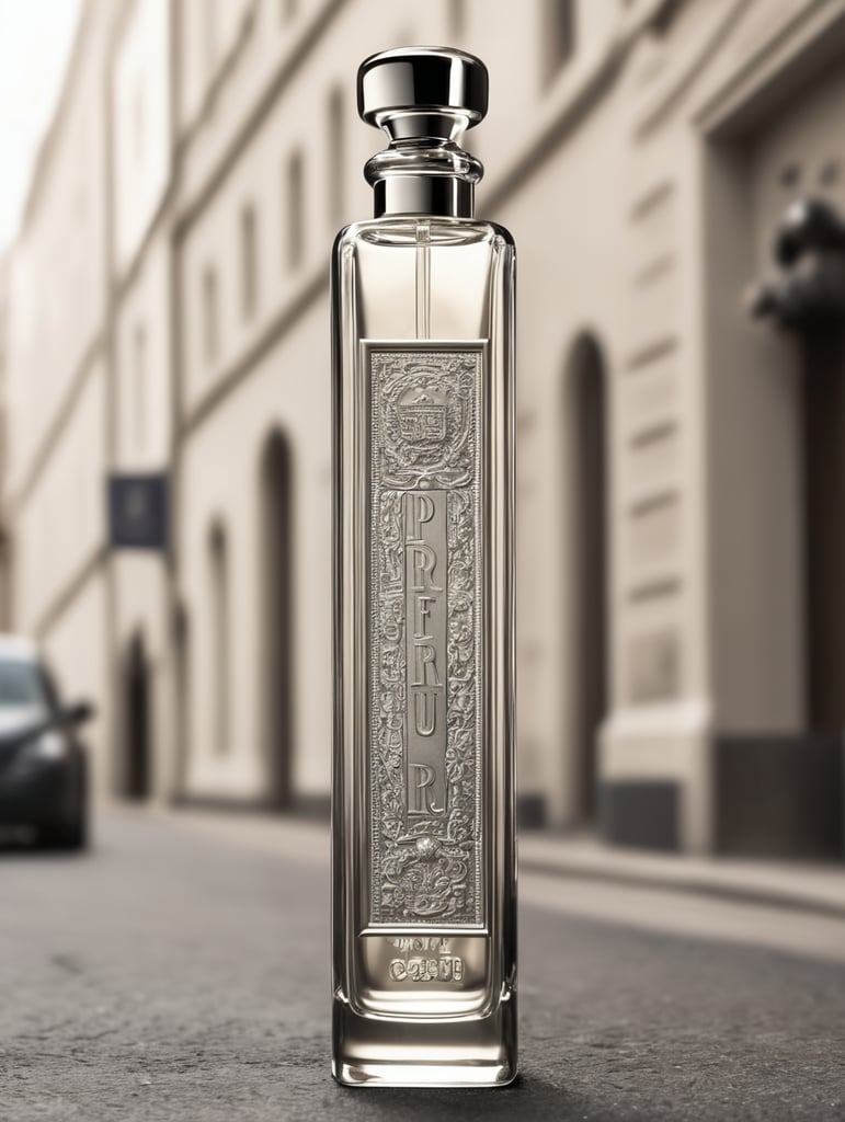 botella de perfume muy alta y esbelta con tag street, monocromatico en alto relieve