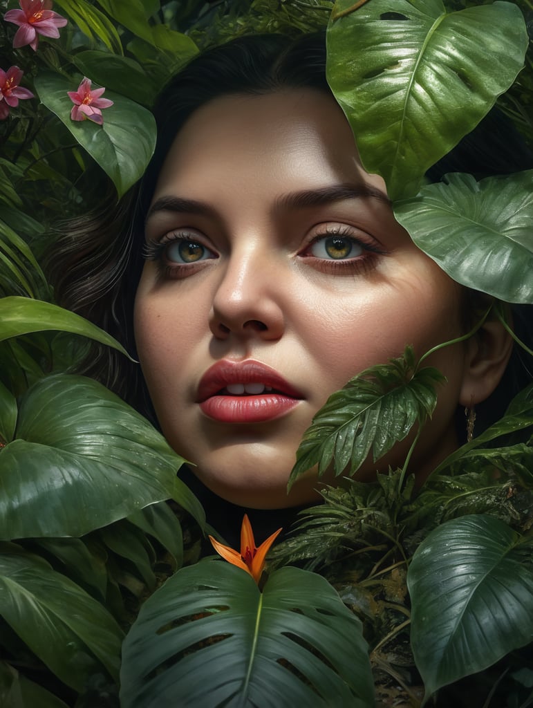 eyes and lips of overweight woman peering through lush jungle leaves and flowers