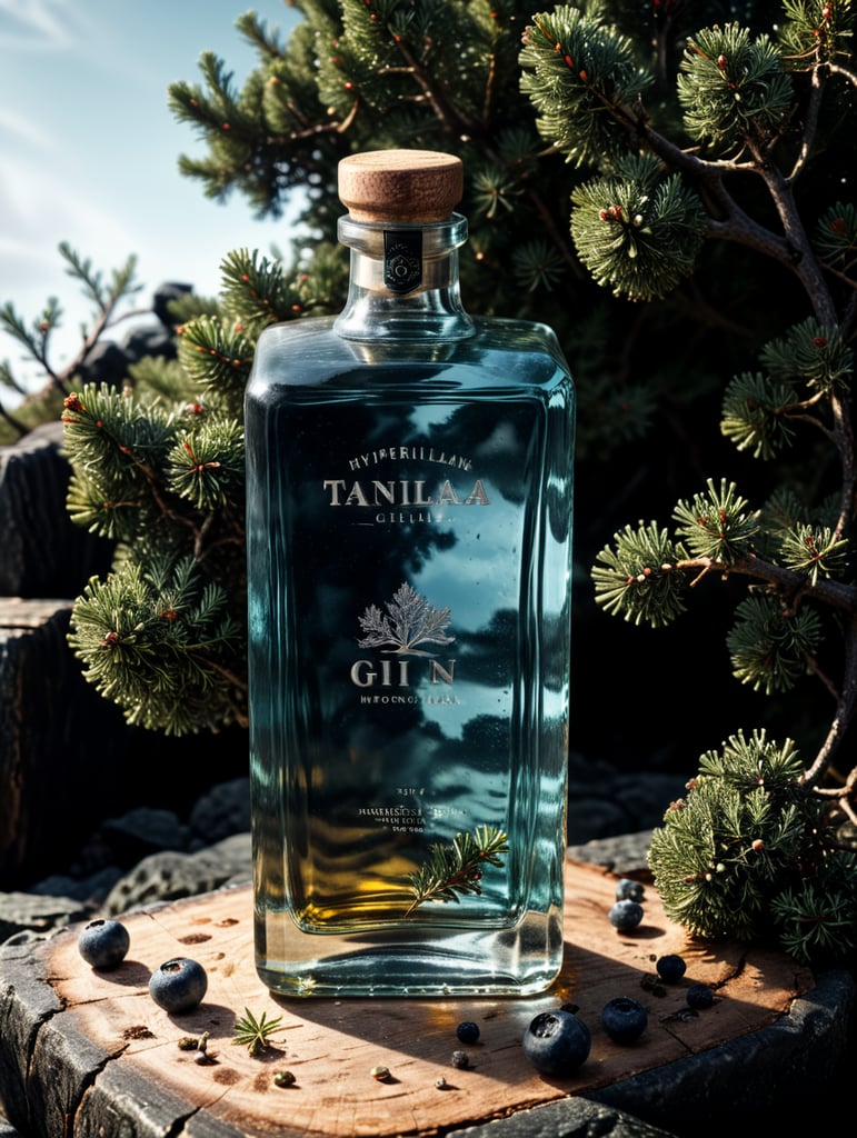 professional photography of a square gin bottle, square bottle, surrounding a juniper and juniper berries, one shot of tequila, salt, no label, clear, mockup
