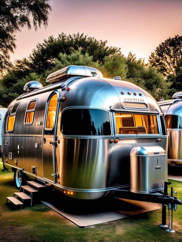 Futuristic alien Airstream camping trailers, steampunk and neon, cyber technology