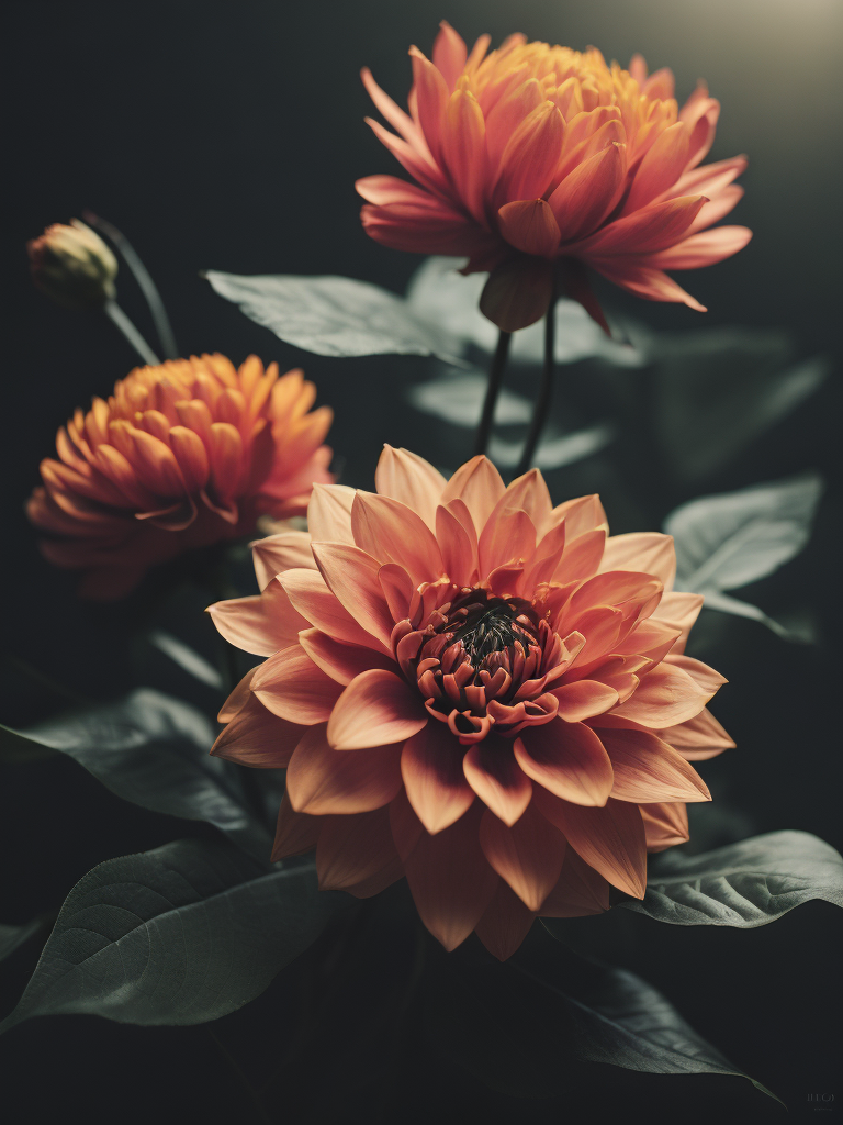 yellow, orange and pink dahlias, dark atmosphere, deep colors, vibrant blooms, rich hues, moody ambiance, dramatic lighting, clear details, botanical beauty, intense floral, depth of field, incredibly high detailed, blurred background, artistic precision