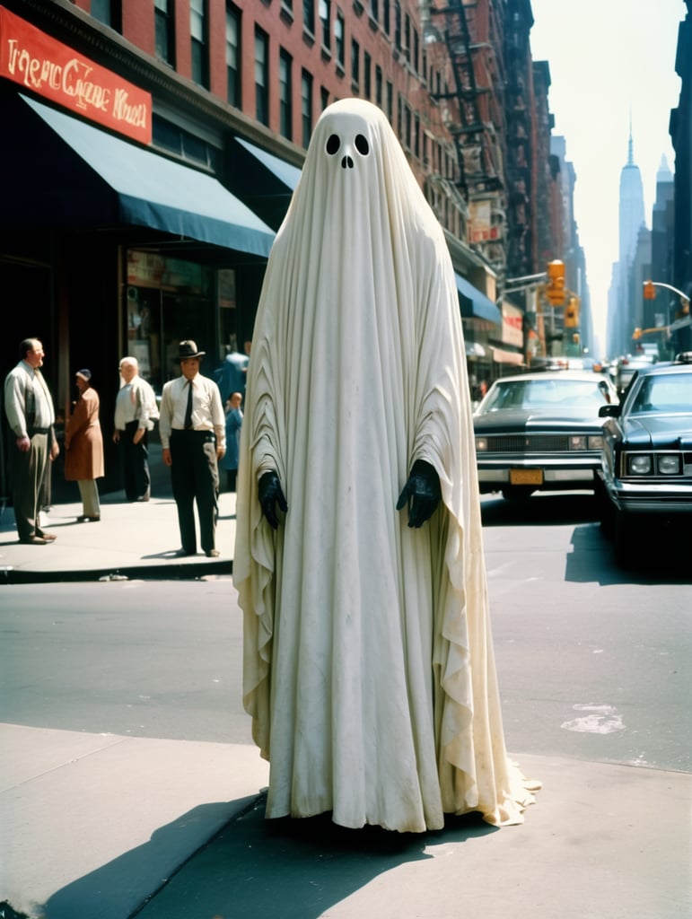 Very creepy realistic ghost standing in the street, new york city, portra 400, vintage photo