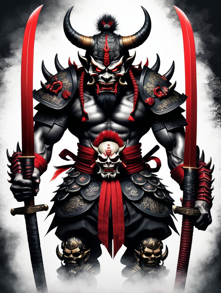 Illustration of a demon with two swords and a skull, demon samurai mask, oni mask, villain wearing a red oni mask, samurai mask, samurai with demon mask, demon samurai, demon samurai warrior, oni horns, inspired by ryūkōsai jokei, japanese art style, inspired by kawanabe kyōsai, mysterious