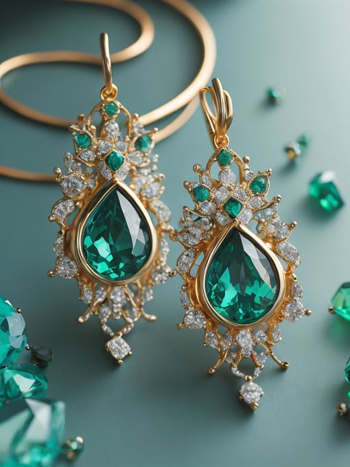 (Masterful Photo:1.3) of (Realistic:1.3) (jewelry pendant earrings), modern jewellery, big diamonds, emeralds, (gold), fionites, Paraiba Tourmaline, beautiful background, soft light,Highly Detailed,(Abstract Art:1.3),(Vivid Colors:1.3)