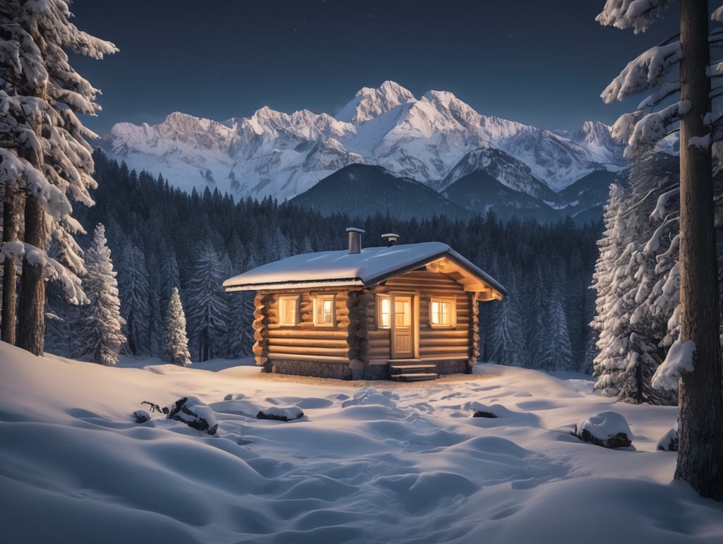 Small log cabin in the pine forest, snow covered pine trees, the Alps in the background at night