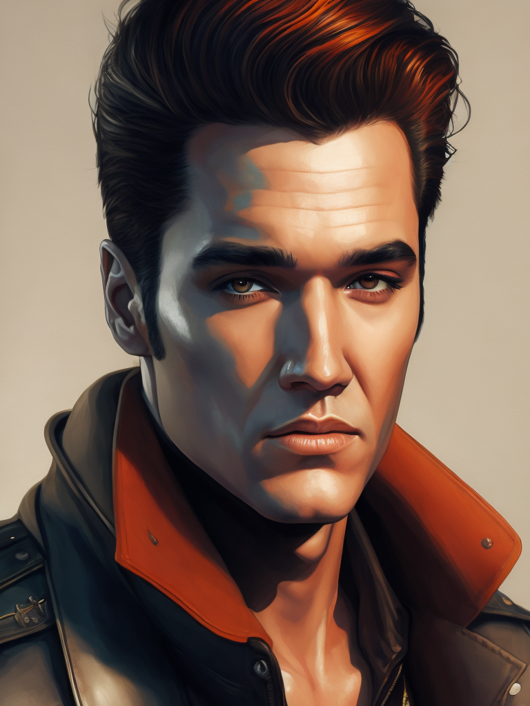 Portrait of Elvis Presley wearing a black leather jacket, studio photo, professional photo, Bright and rich colors, Detailed image, detailed face