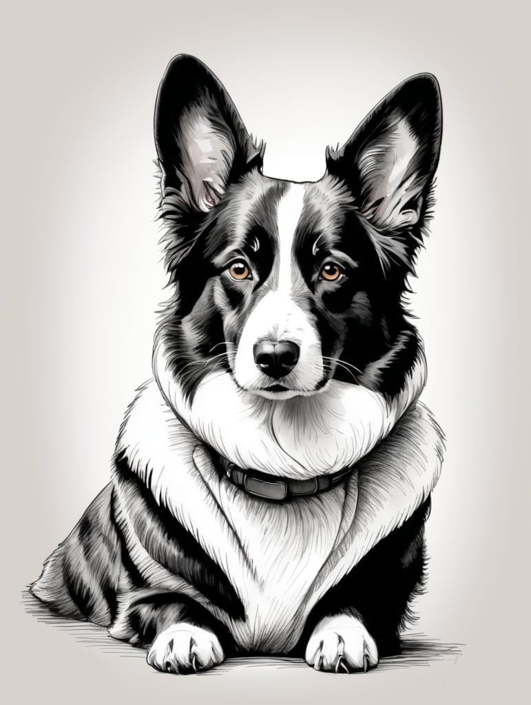 Black and white pen sketch of a cardigan corgi