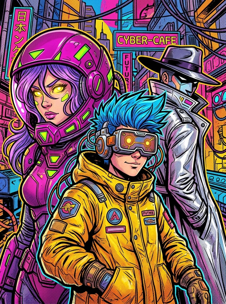 A vibrant pop-art illustration of three retro-futuristic characters featuring bold black outlines and dense halftone screentone textures. In the foreground, a youth with electric blue spiky hair wears an oversized yellow parka and a bulky silver VR headset. To the left, a figure with flowing violet hair dons a massive magenta space helmet with neon green geometric accents, gazing forward with striking yellow eyes. On the right, a partially obscured person wears a metallic silver trench coat and a wide-brimmed fedora. The composition layers the overlapping portraits against a heavily saturated backdrop, utilizing a stark complementary color palette of neon pinks, vivid yellows, and electric blues to evoke a dynamic underground comic book aesthetic.