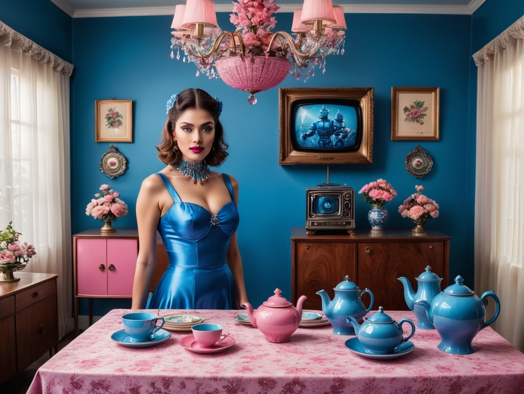 The image shows a very lively surreal scene, with dominant colors ranging from blue to pink. In the center is a woman emerging from a bright blue vintage television with V-shaped antennas. She is wearing a matching blue silk dress, with obvious makeup including blue eyeshadow and pink lipstick, in keeping with the palette of colors of the scene. Around her, the table is set with objects all in the same vibrant blue. This includes a teapot, teacups, a milk jug and a sugar bowl, suggesting a tea service. There is also a figure that looks like a blue robot, which adds to the whimsical tone of the environment. The background wall and tablecloth are pink in tone, with the tablecloth featuring a floral pattern. The entire composition evokes a sense of retro-futurism with a touch of the fantastic and absurd.