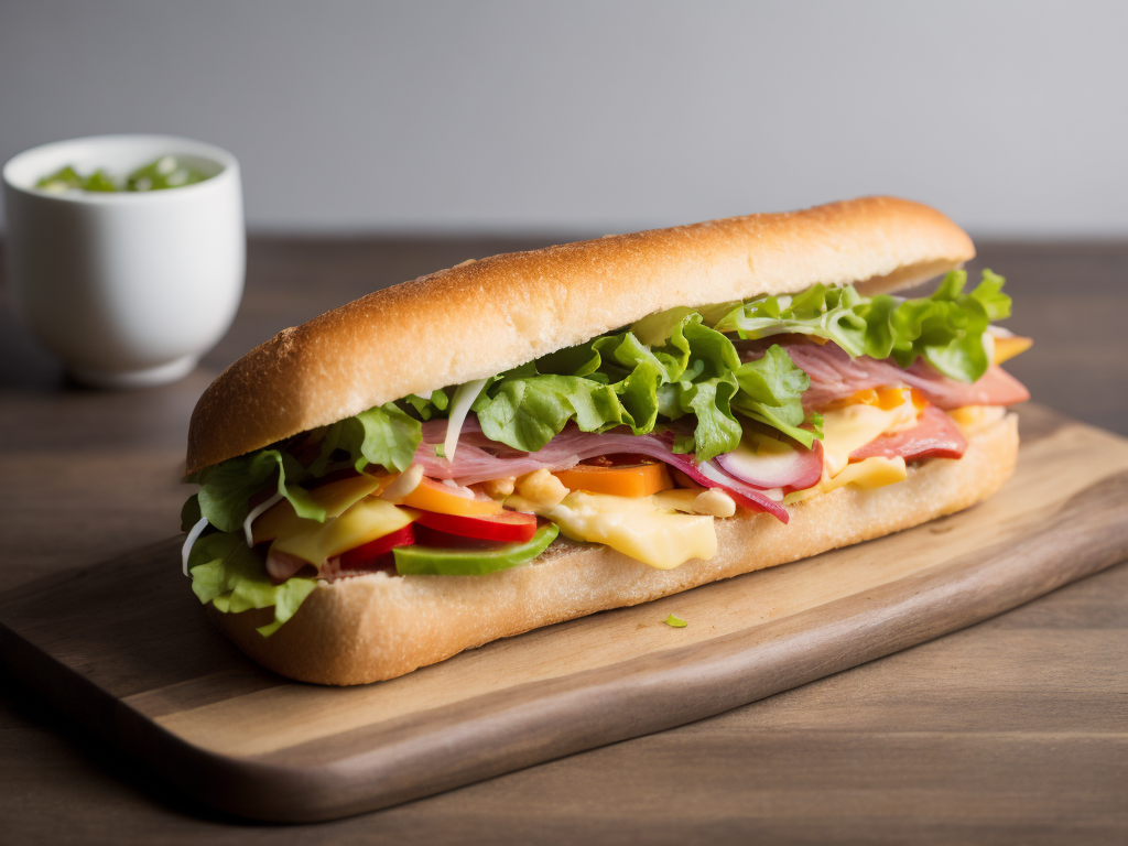 submarine-style baguette sandwich with ham, sliced cheese, salad, mayonnaise, pickle, tomatoes