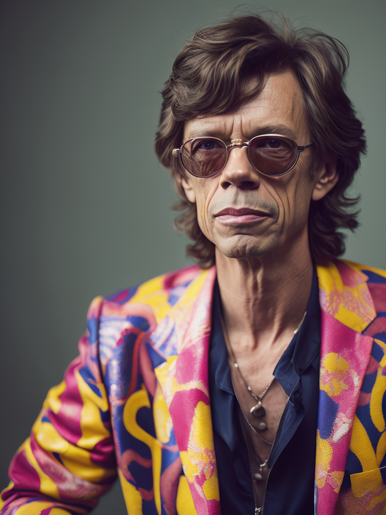 Mick Jagger wearing a brightly patterned jacket and wayfarer glasses, Vivid saturated colors, Contrast color