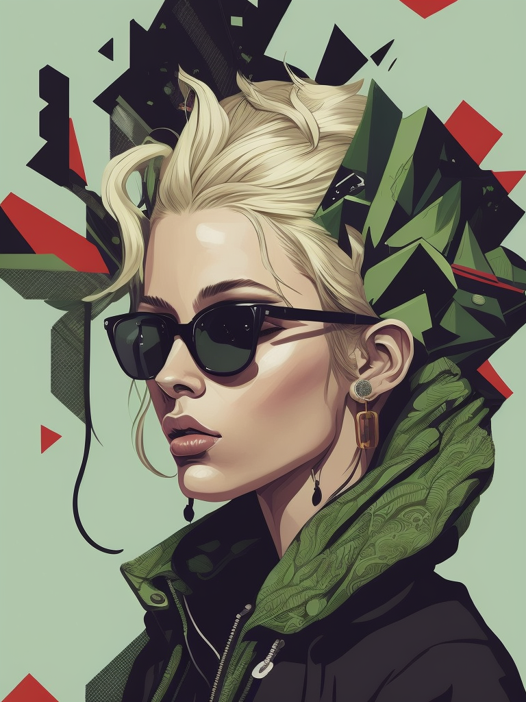 abstract 1998 european blond hiphop girl by sachin teng x supreme, attractive, stylish, designer, green, asymmetrical, geometric shapes, graffiti, street art