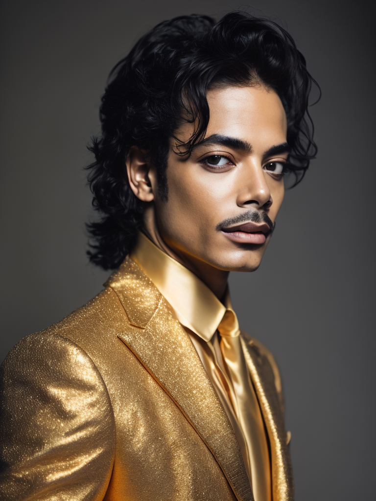 Portrait of Michael Jackson dressed in golden chrome suit, dark gradient background, Vivid saturated colors, Contrast light, studio photo, professional photo, Detailed image, detailed face