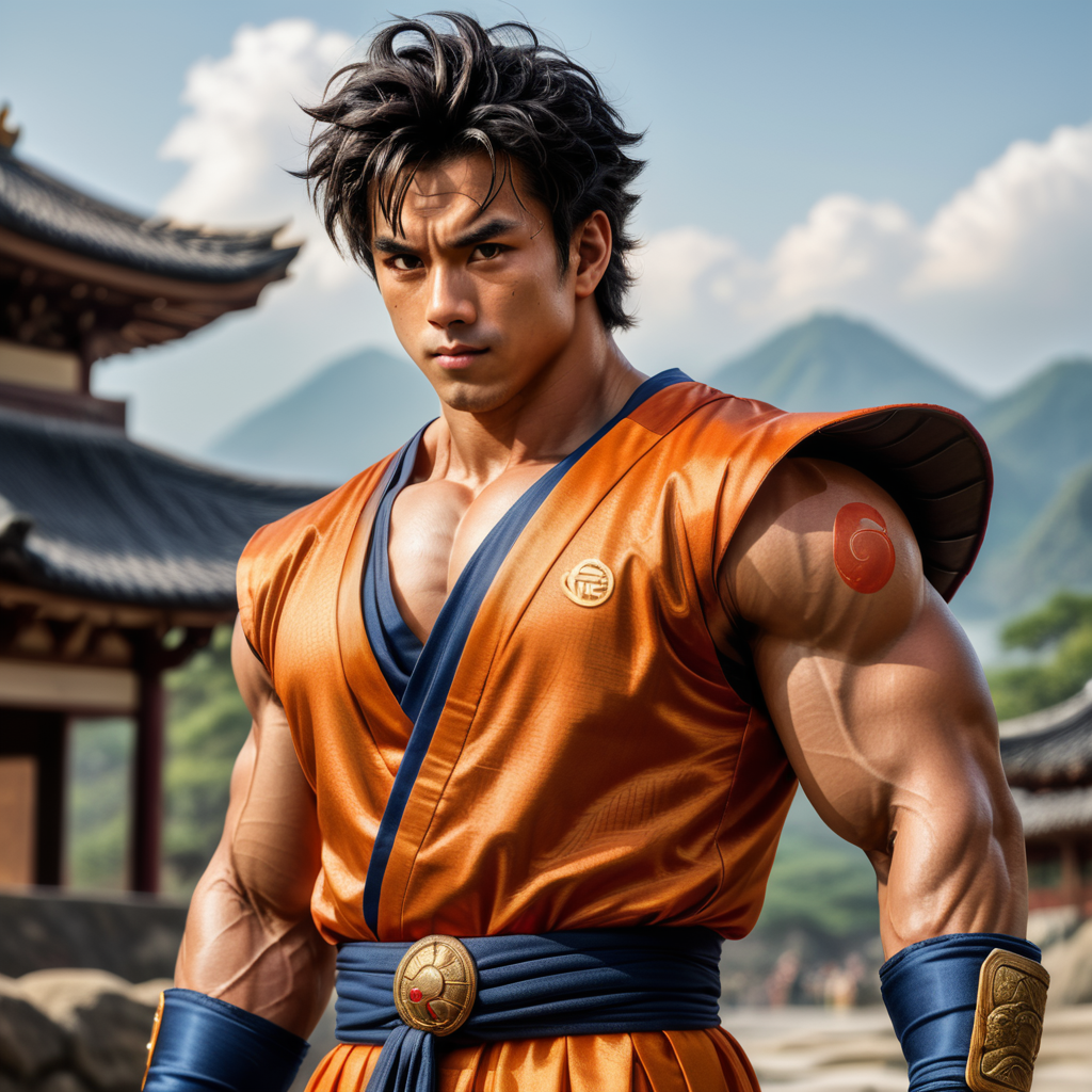 Crea una imagen realista de Goku, el protagonista de Dragon Ball. Goku es un hombre de complexión atlética, con un físico musculoso y una altura de 1,75 metros. Tiene el pelo negro y corto, con una raya en el medio, y ojos marrones. Su piel es de color bronceado. Respeta su traje caracteristico, kimono naranjo con la insignia de la tortuga.