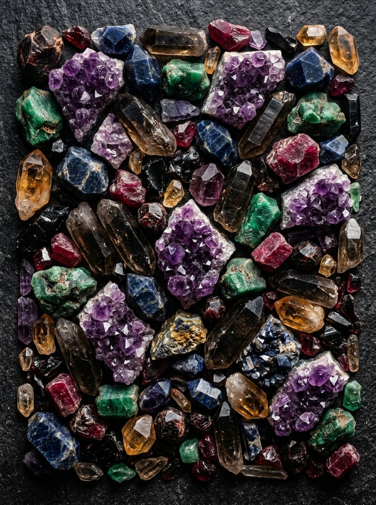 Crystal texture, pattern, background, top view, organic texture, seamless texture, scattered crystals, deep colors, contrast lighting, volumetric crystals, crystals stacked on top of each other, closely stacked crystals, knolling, flat lay, gems, crystals