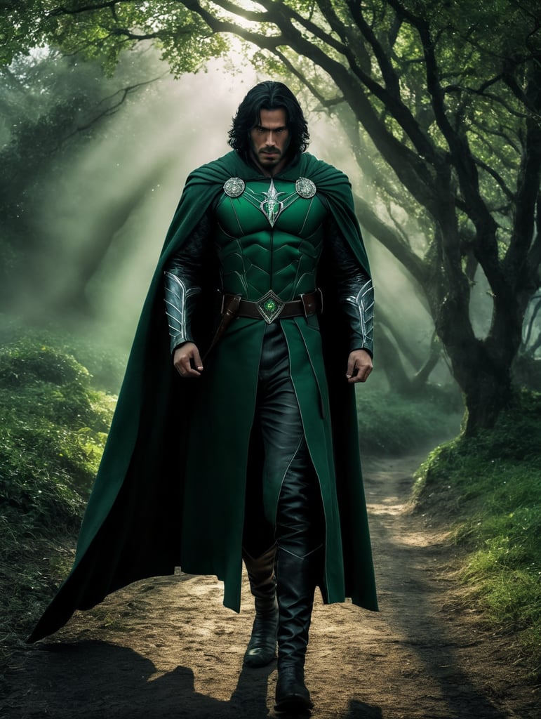 Young Sorcerer with medium length black hair in white and green leather armor and cloak magically summoning thorny briars covering the ground