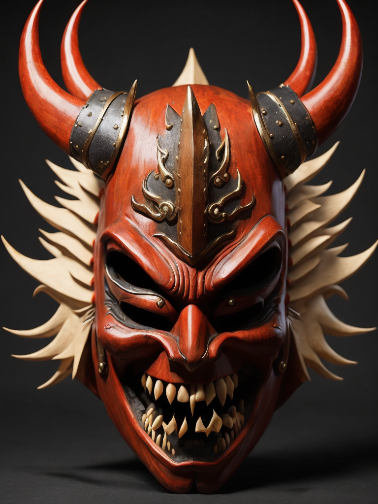 wooden red japanese demon mask with fangs and horns, black background, aggressive, Depth of field, Incredibly high detail