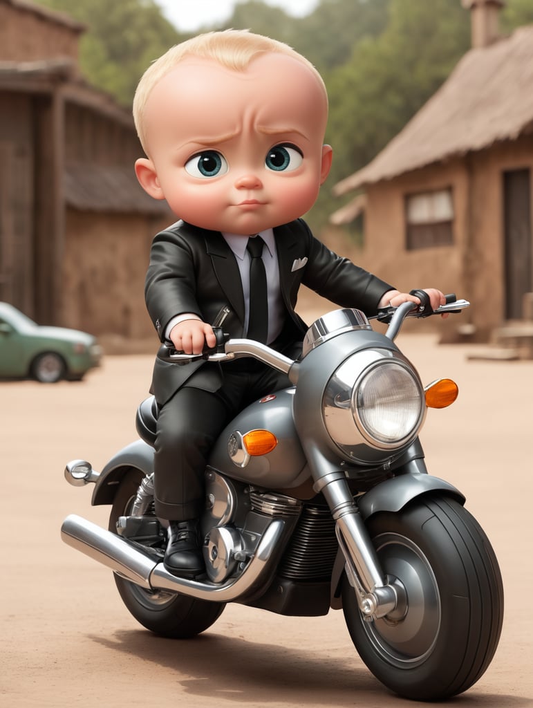 Boss baby Tom McGrath sitting on a motorbike