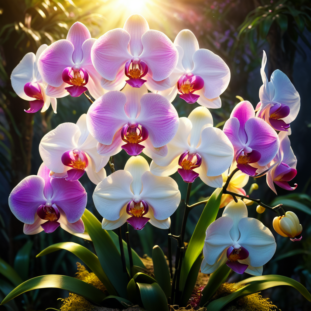 stunningly beautiful bouquet of orchid flowers, delicate white, pink, yellow orchid flowers, beautiful deep colors, glowing aura, a masterpiece, 8k resolution, dynamic lighting, hyperdetailed, intricately detailed,volumetric lighting, complementary colours, sunshine, trees, birds