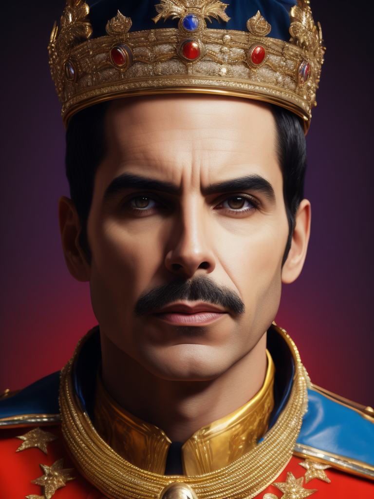 Portrait of Freddie Mercury wearing the Queen's crown, royal mantle, Vivid saturated colors, Contrast light, studio photo, professional photo, Detailed image, detailed face