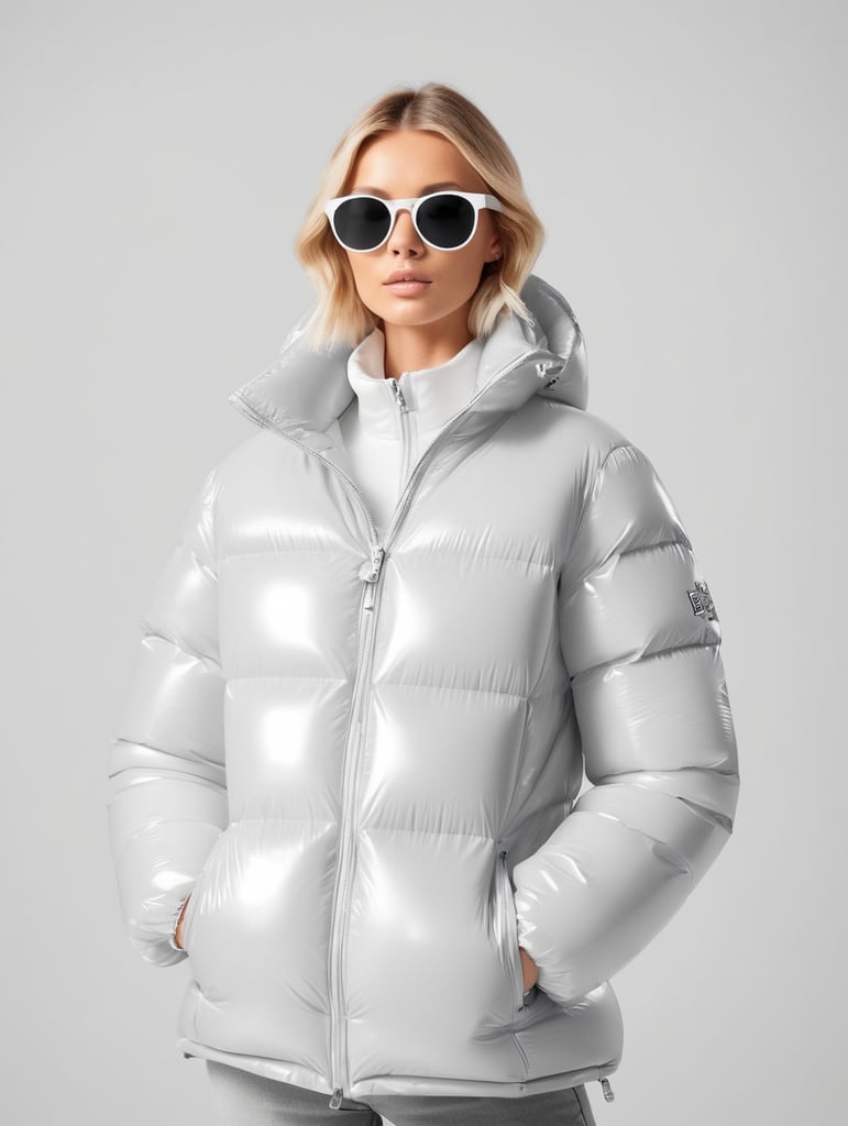 Inflatable white minimalist women's puffer jacket, wearing sunglasses, transparent, isolated, grey background, mockup