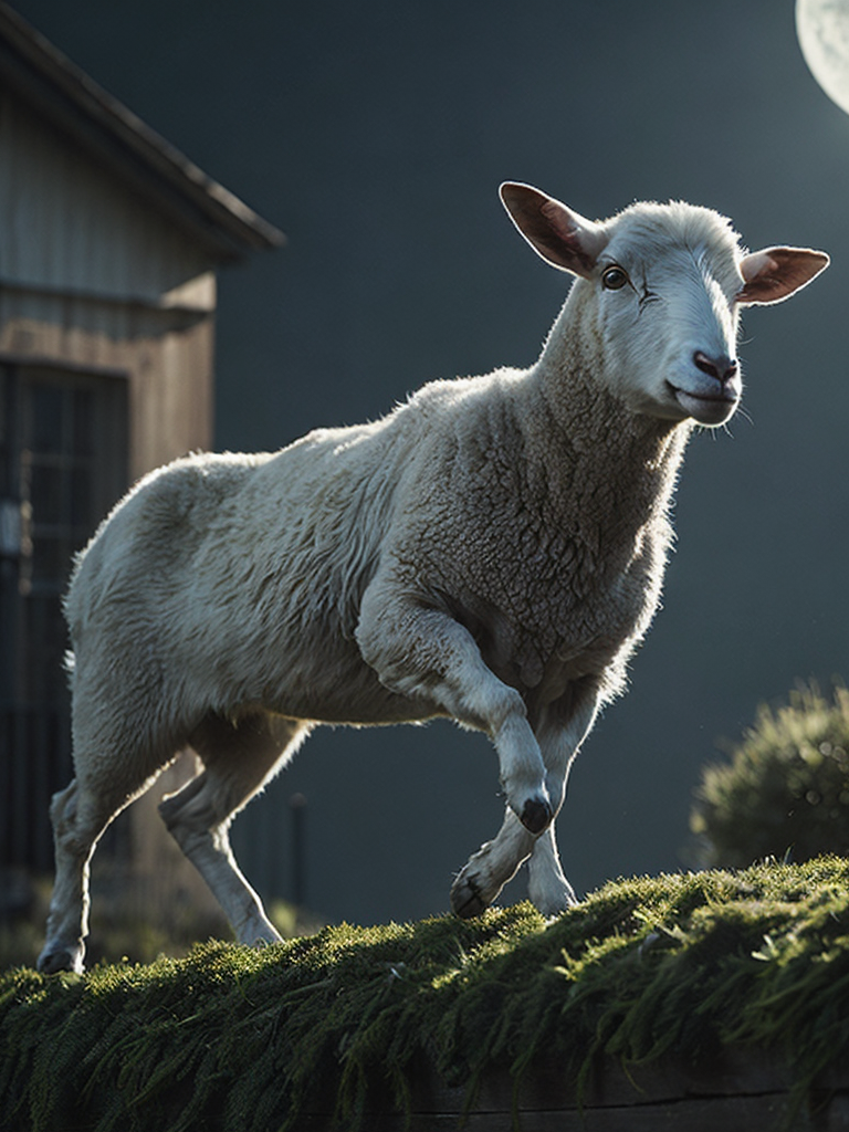 Photo realistic young sheep jumping over a fence in a field behind a house at night with a bright moon