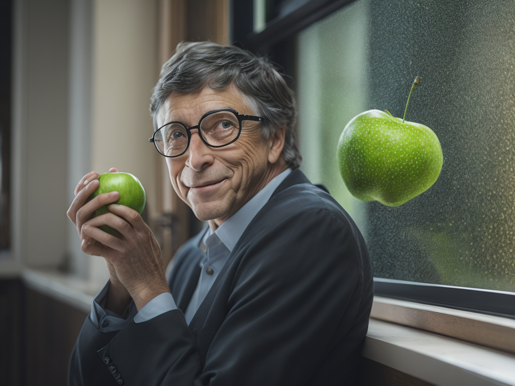 Bill Gates throwing a green apple in a window, highly detailed