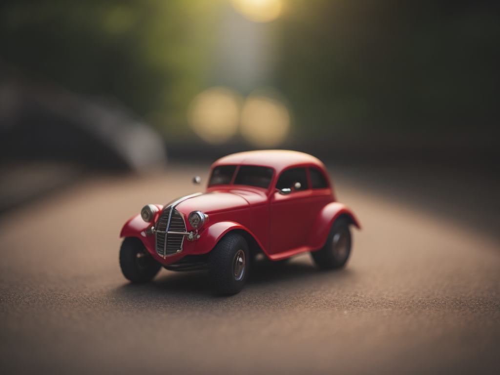 red toy car with ant on top, macro, hdr, ray tracing, global illumination, ultra realistic,