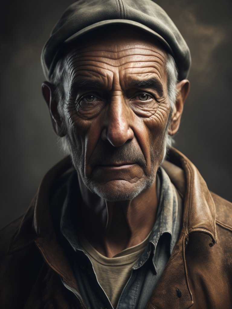 portrait of an old stoker, face covered in soot, dirty clothes, deep wrinkles on the face, old stoker soot covered face dirty clothes deep wrinkles portrait aging hardworking grime industrial worker life experiences