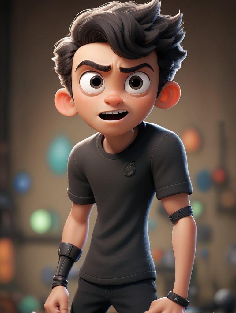 A 13-year-old boy whose body looks like that of Killoa, his hair is black, his clothes are like a kong fo clothes And when he transform onto his face becomes black energy and on his eyes a circular white energy like the shape of his face Gun from the sniper anime when he turns and he has two shiny black horns and his ears are pointed like the ears of the people of a thousand, before he turned he was screaming and then he turned to this shape, anime