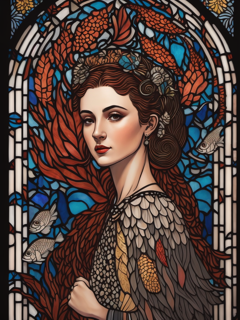 Art deco stained-glass window, ultafine detailed illustration of a woman with corals in her hair, whimsical, detailed painting, corals, Fish and seashells around.