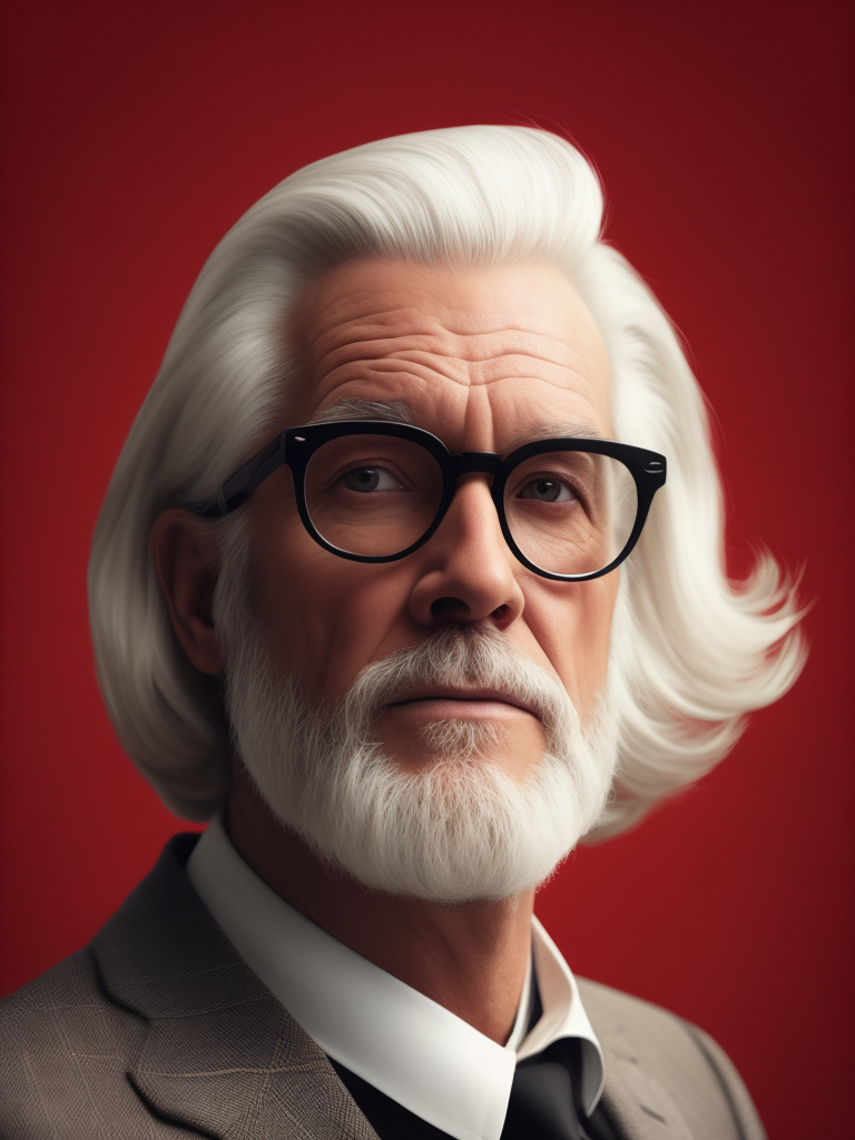 Portrait of an American man in a light suit with white hair wearing glasses with black thick rims, portrait in the style of advertising 50s, red background, sharp focus, highly detailed, vintage advertising, retro style