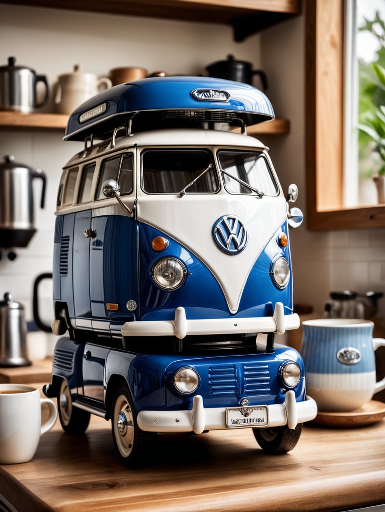 a vintage coffee maker shaped like a blue and white volkswagen kombi, grain grinder on top, coffe mug, kitchen, realistic