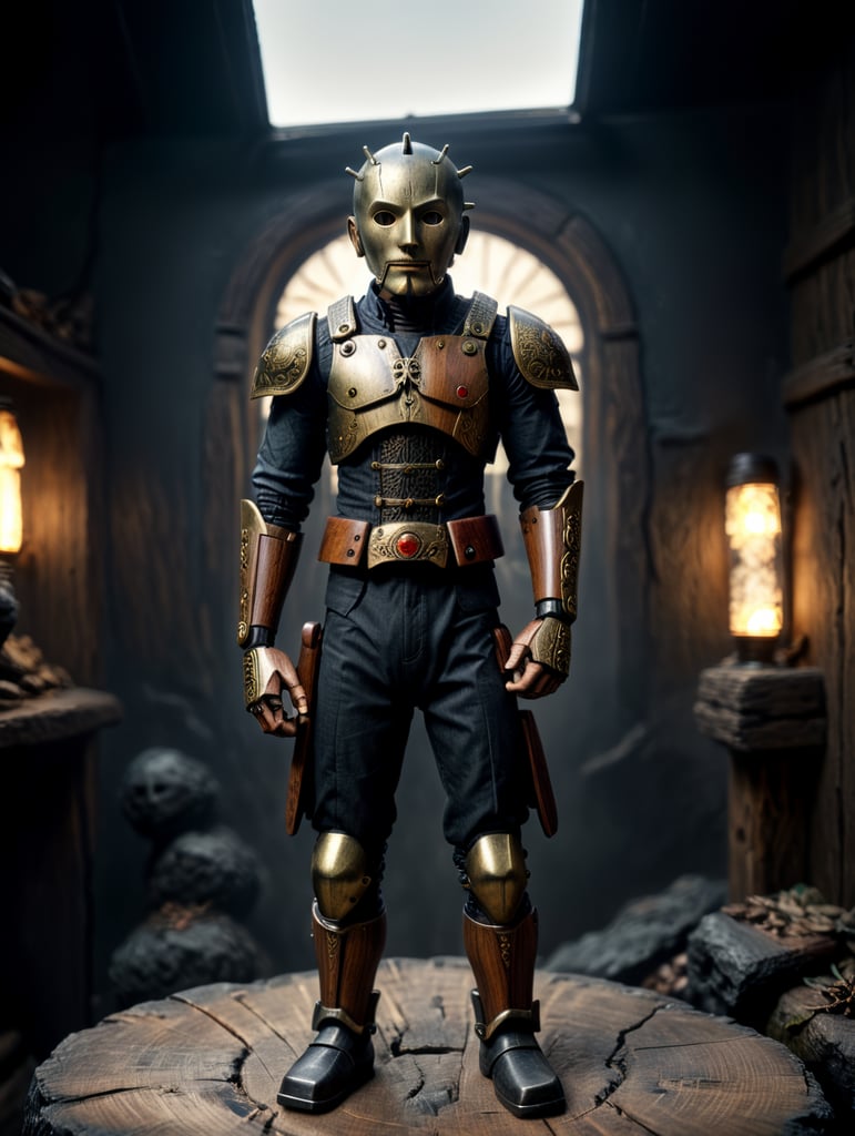 a wood doll, male, hand sculpted, one piece, plastic mask, put on face