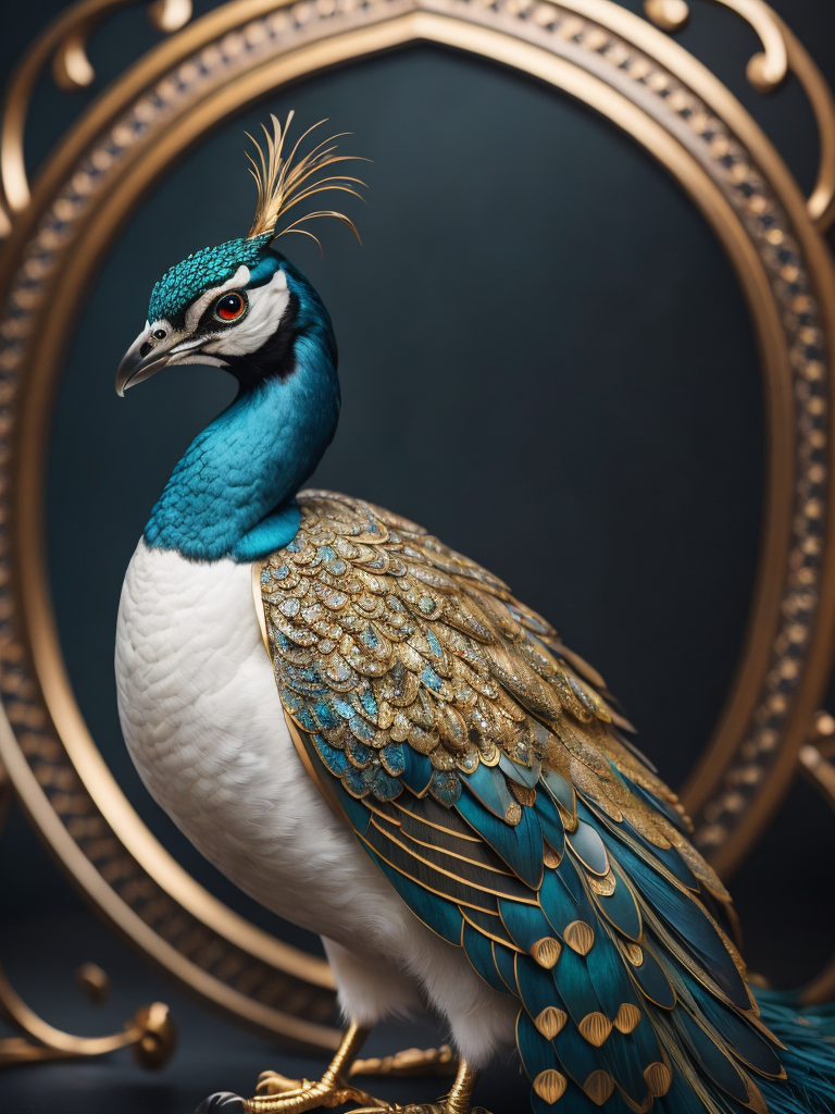 Magical king peacock wearing expensive jewelry that is magnificent, incredibly detailed, intricate, with brilliant bright shimmering sparkling glittering diamonds on glowing shining precious luminous gold, Royal rich luxurious