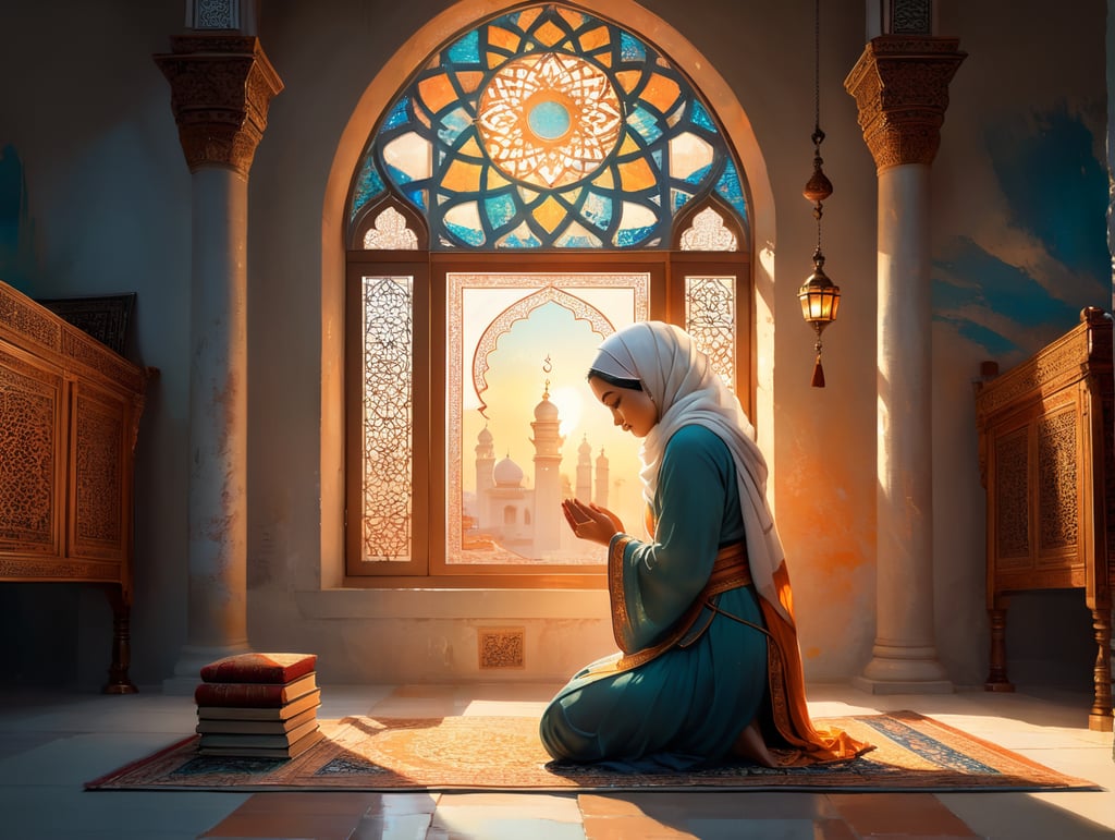 In a softly lit room, a muslim woman kneels in prayer, her face bathed in the warm, golden glow of the setting sun. Before her, an open Quran rests on a prayer rug, and she reaches out to touch the page gently. Her expression is one of serenity and deep contemplation as she embarks on her journey to faith, embracing Islam with an open heart