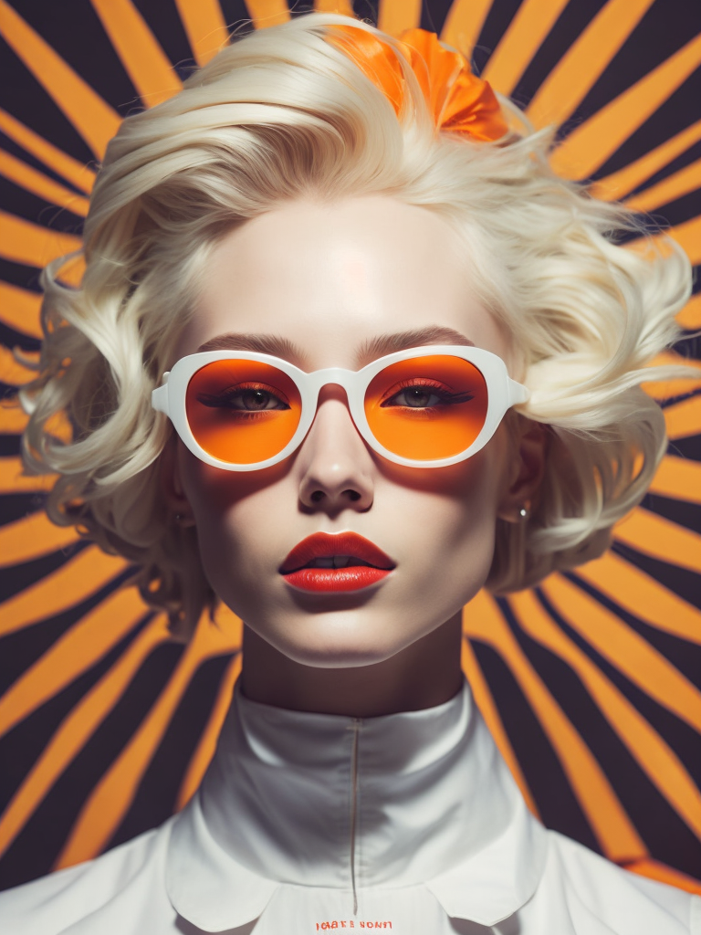 Pale-skinned girl model, wearing a high-necked dress, contrast lighting, white sunglasses with red-orange lenses, red lips, blonde hair in a bob style, dark background with orange-red rays, fashion model, magazine cover, professional shot,