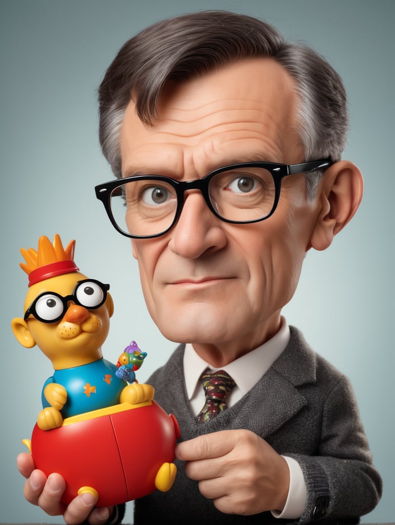 Canadian crook, with an unpleasant face, black reading glasses, holding a children's toy in his hands